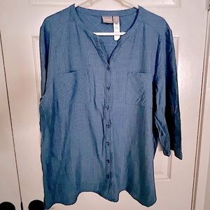 Chico’s Blue Cotton Blend Roll Up Tab Sleeve Shirt with Silver Thread Size 3